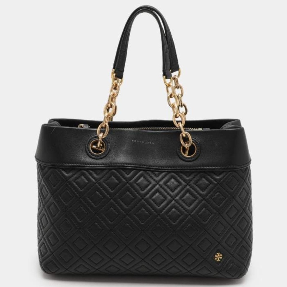 Tory Burch Fleming Triple Compartment Quilted Lambkin Black Leather Tote Bag
